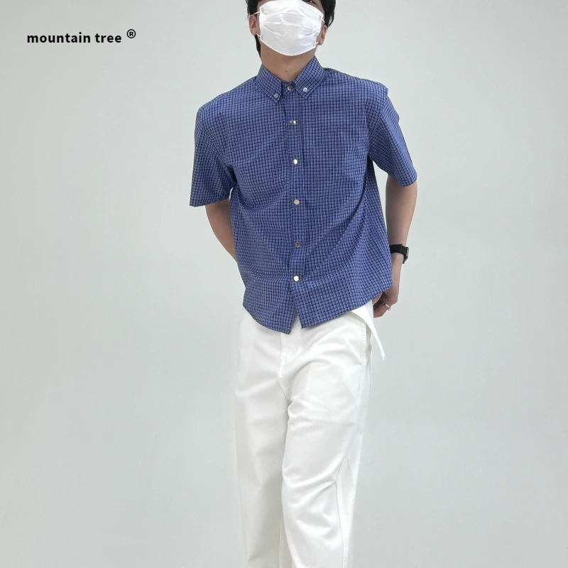 mountain tree短款cleanfit复古格纹廓形格子短袖衬衫男百搭春夏