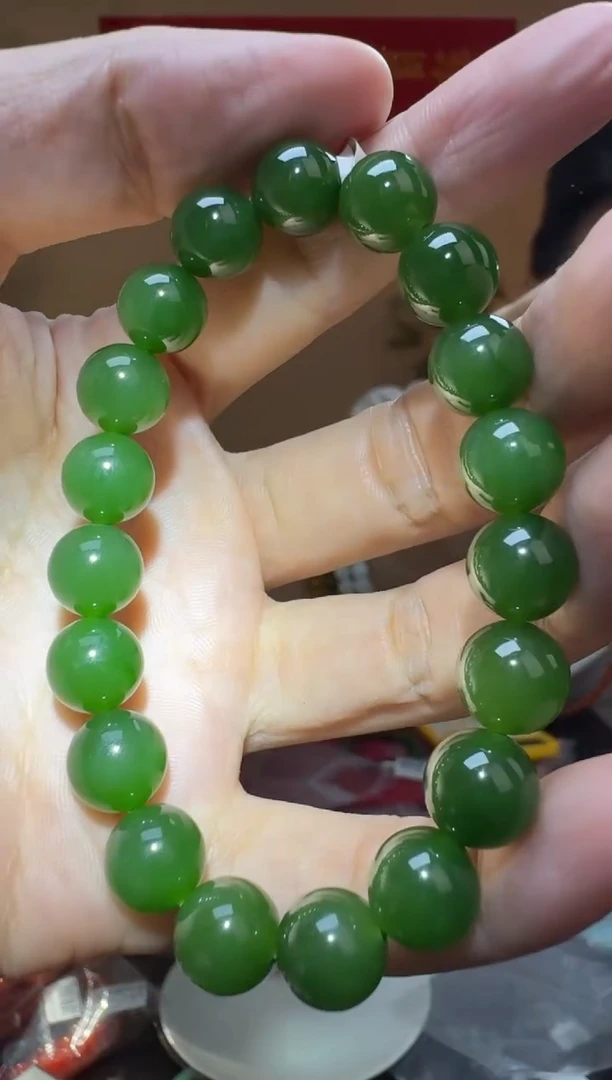 未镶嵌手链和田玉约9-10mm碧玉圆珠单圈手串