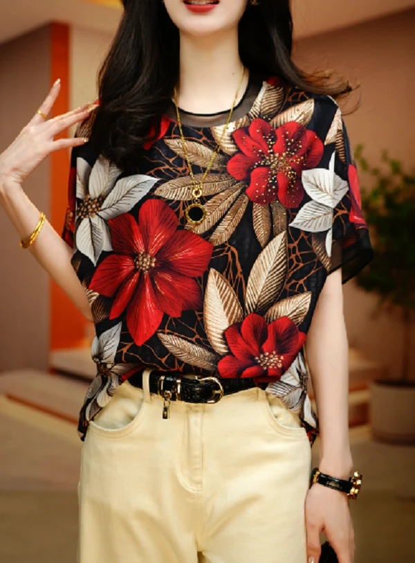 绯花锦叶 -高端长袖时尚女显瘦显白百搭减龄印花圆领上衣