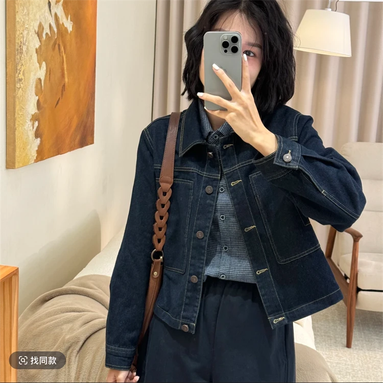 复古牛仔外套深蓝色2025春季休闲新款宽松小个子短款夹克通勤上衣