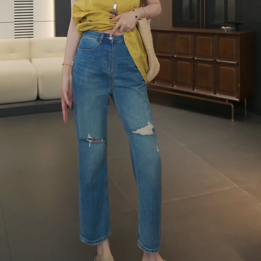 【破洞设计直筒裤】520氛围感夏季新款宽松显瘦牛仔裤女LK2503595