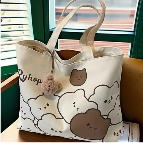 新款单肩包女大容量学生实用文艺托特包卡通百搭韩版休闲帆布包包