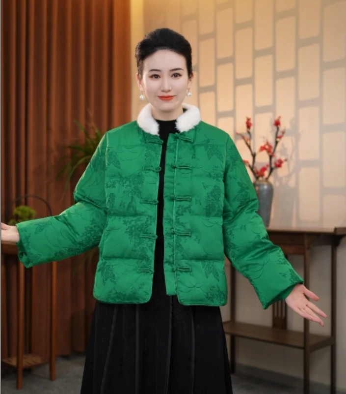 新中式盘扣提花织锦缎棉外套宽松立领短款