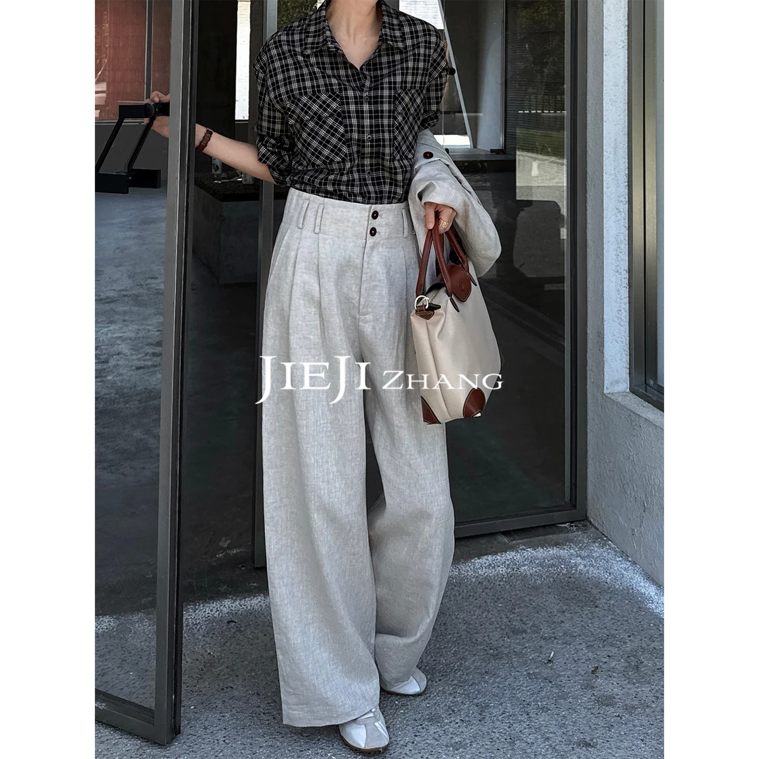 满目ManMu 【张琪专属】老钱风亚麻时尚简约显瘦百搭休闲裤350116