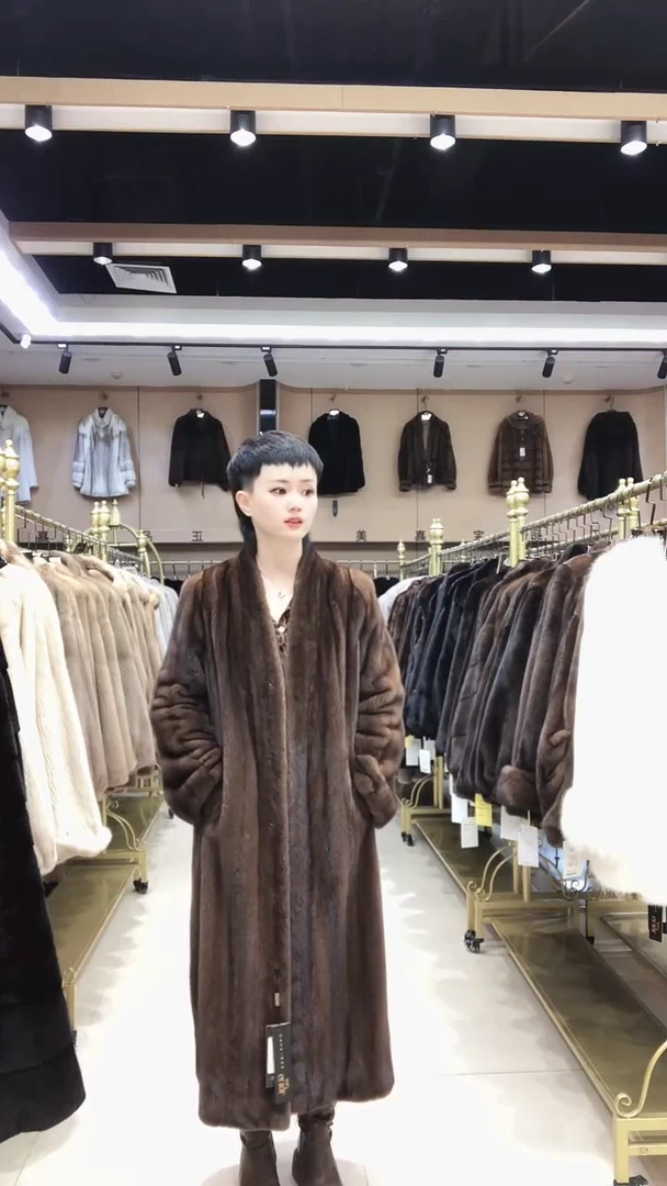 新款进口水貂大衣女中长款V领咖啡色
