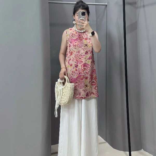 2025夏季中国风千金风时尚新中式文艺提花无袖上衣+阔腿裤套装