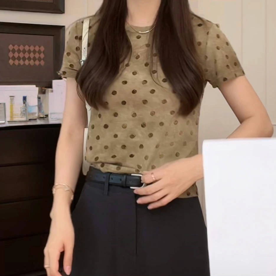 韩系洋气晕染波点气质百搭短袖T恤2025夏季新款舒适减龄圆领上衣