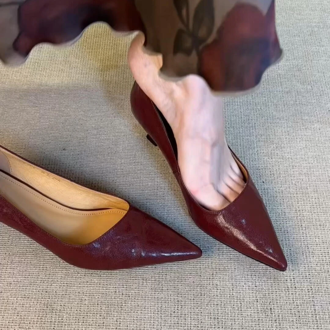 法式高跟鞋女气质优雅职场通勤玛丽珍女鞋时尚尖头小猫跟红色单鞋