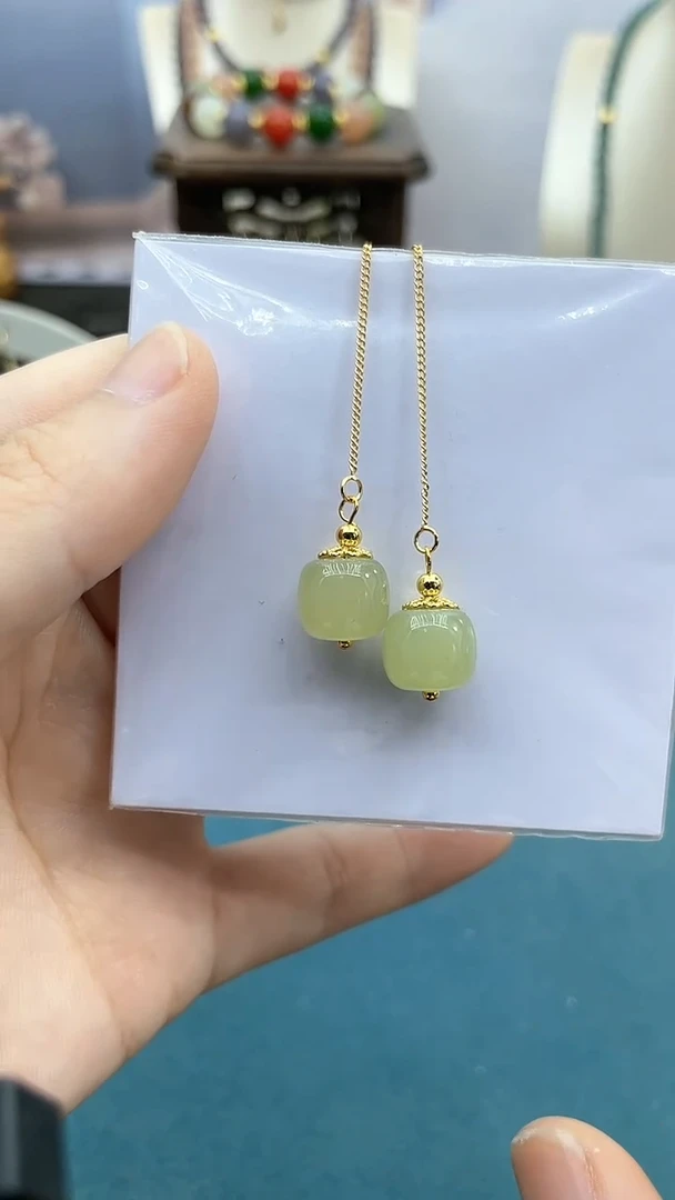 和田玉14K金镶嵌耳饰10mm行珠耳线