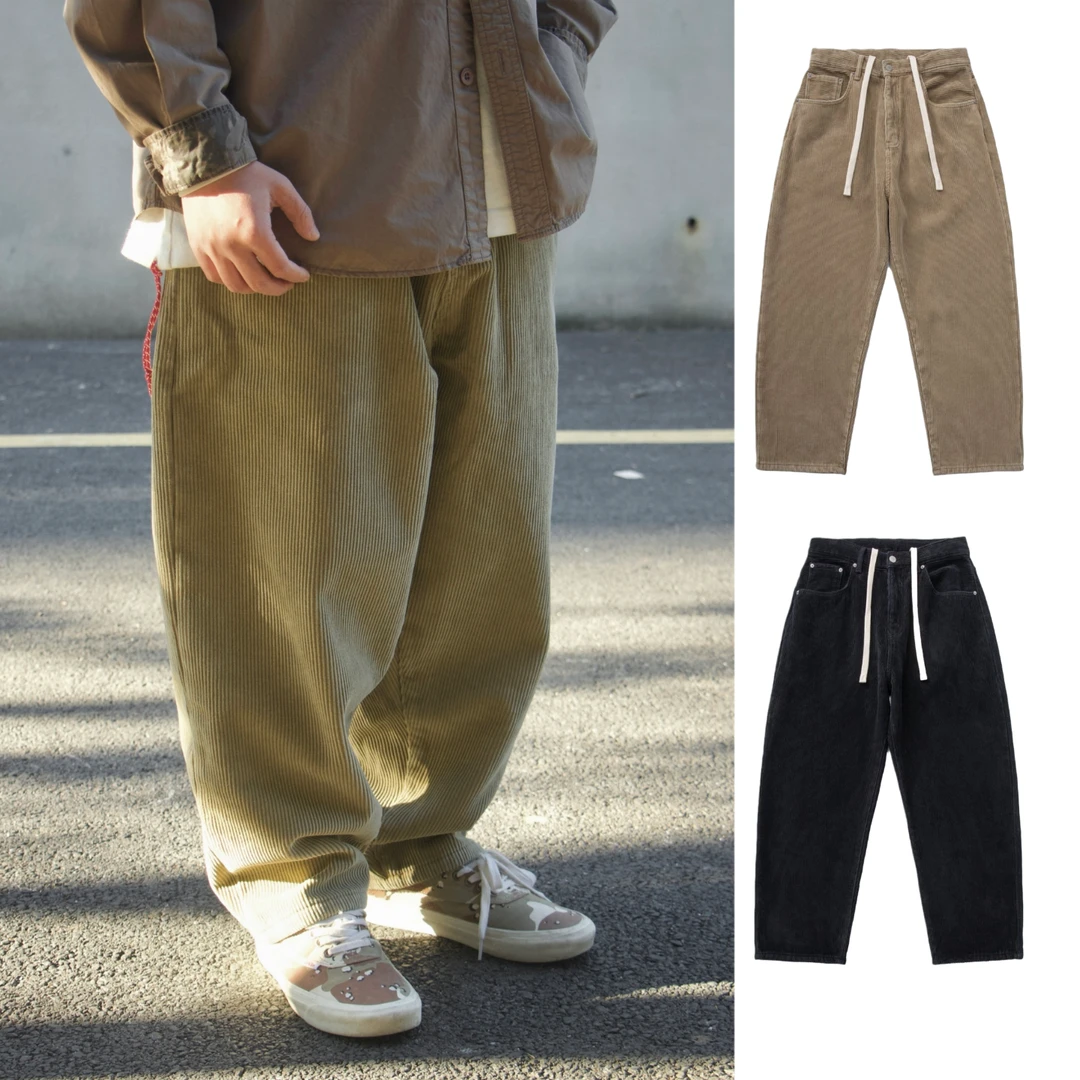 日系加绒加厚灯芯绒工装裤重磅8坑阔腿休闲裤复古廓形微锥宽松男