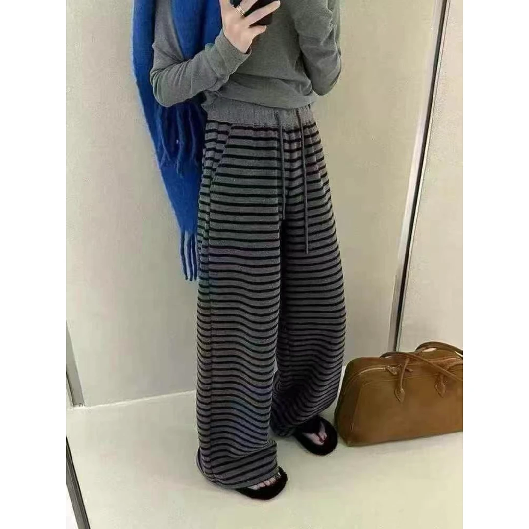 艳艳家 新款春季慵懒条纹显瘦高腰休闲裤