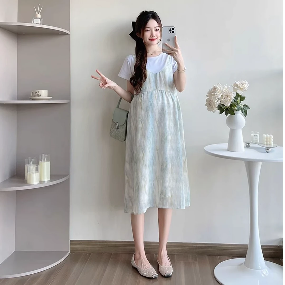 孕妇装夏装时尚宽松孕妇裙显瘦A字裙圆领夏季休闲连衣裙大码长裙