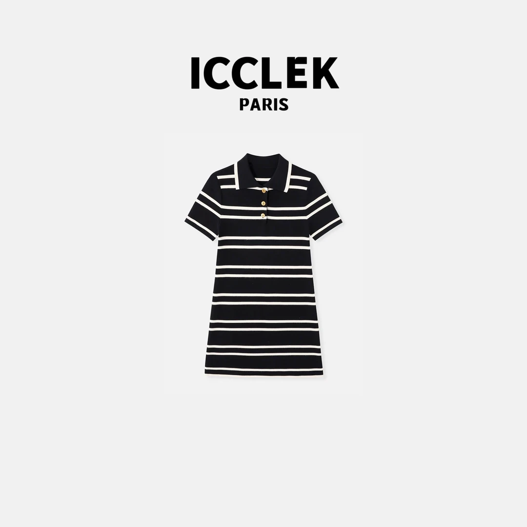 ICCLEK 翻领条纹短袖针织连衣裙黑色针织休闲气质名媛裙子 - 1168