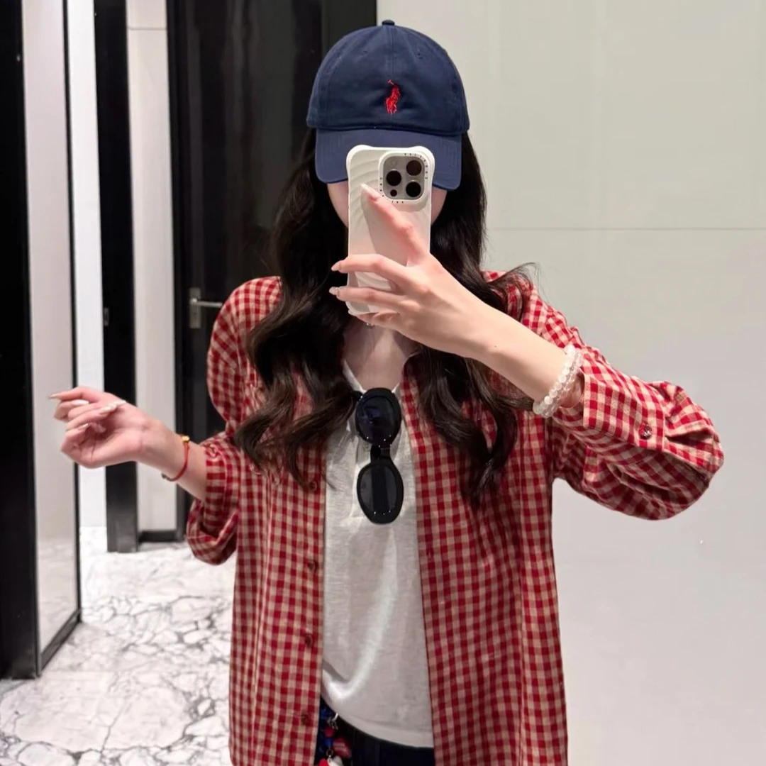 长袖格子长袖复古港风千鸟格衬衫上衣复古外套短款夏季格纹衬衣