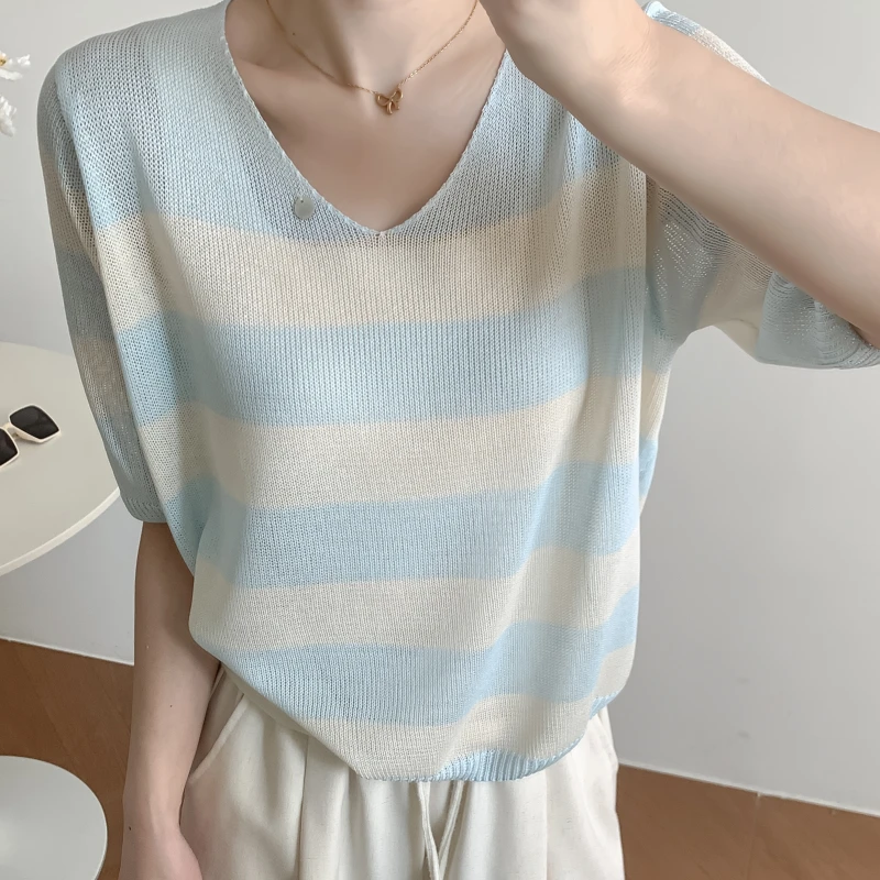 2025春夏新款款条纹针织短袖衫气质V领短款宽松百搭显瘦上衣轻薄