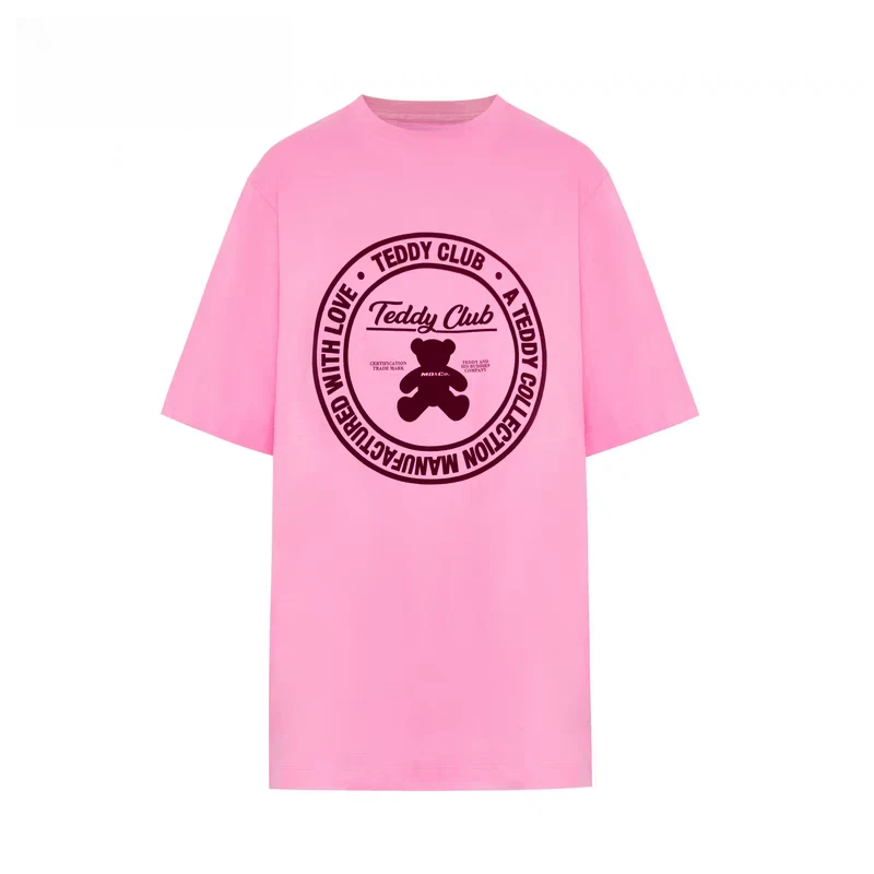 【摩】夏季新款粉色宽松落肩小熊印花百搭休闲短袖T恤上衣-MC07