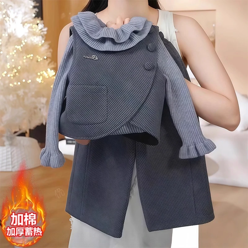 女童条纹夹棉马甲毛衣阔腿裤套装2025新款秋冬加厚背心花苞针织衫