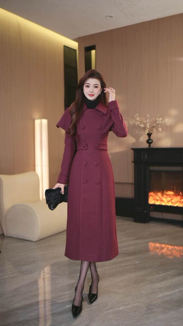 罗曼定制 原创设计红色大衣斗篷外套女中长款厚款收腰冬季新款