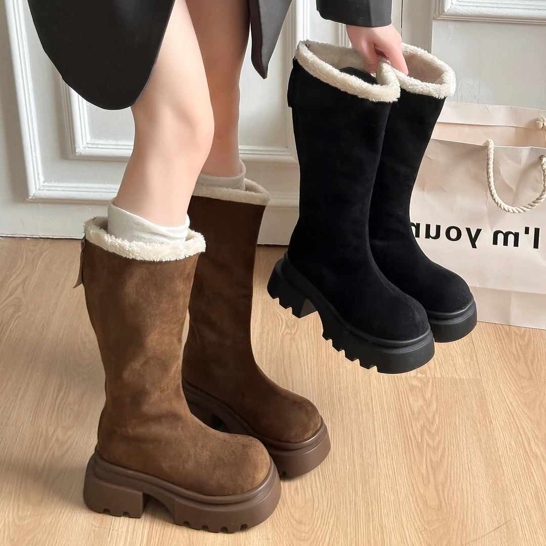 6CM增高厚底长靴女新款秋冬季高筒小个子加绒毛毛棉鞋雪地骑士靴