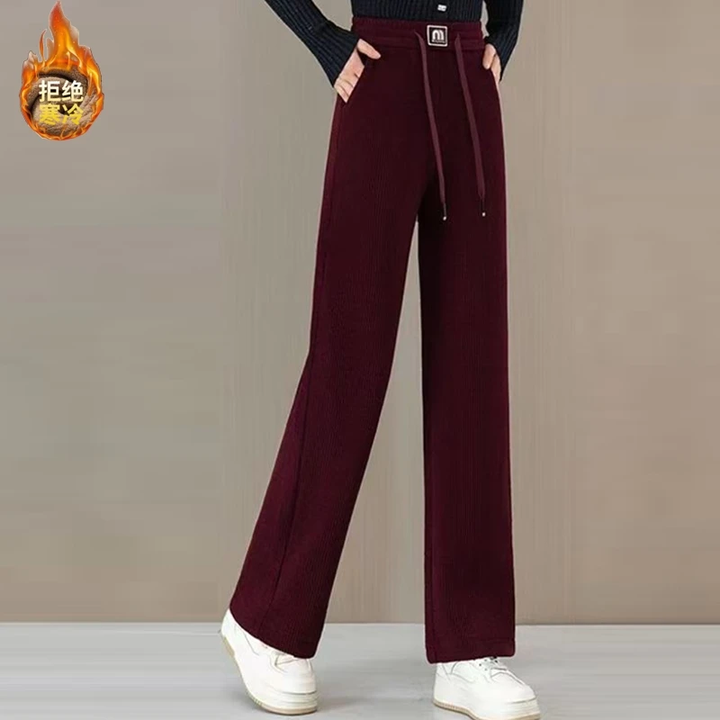 冬季新款加绒直筒裤百搭显示高腰松紧腰M裤高腰阔腿裤克1157裤