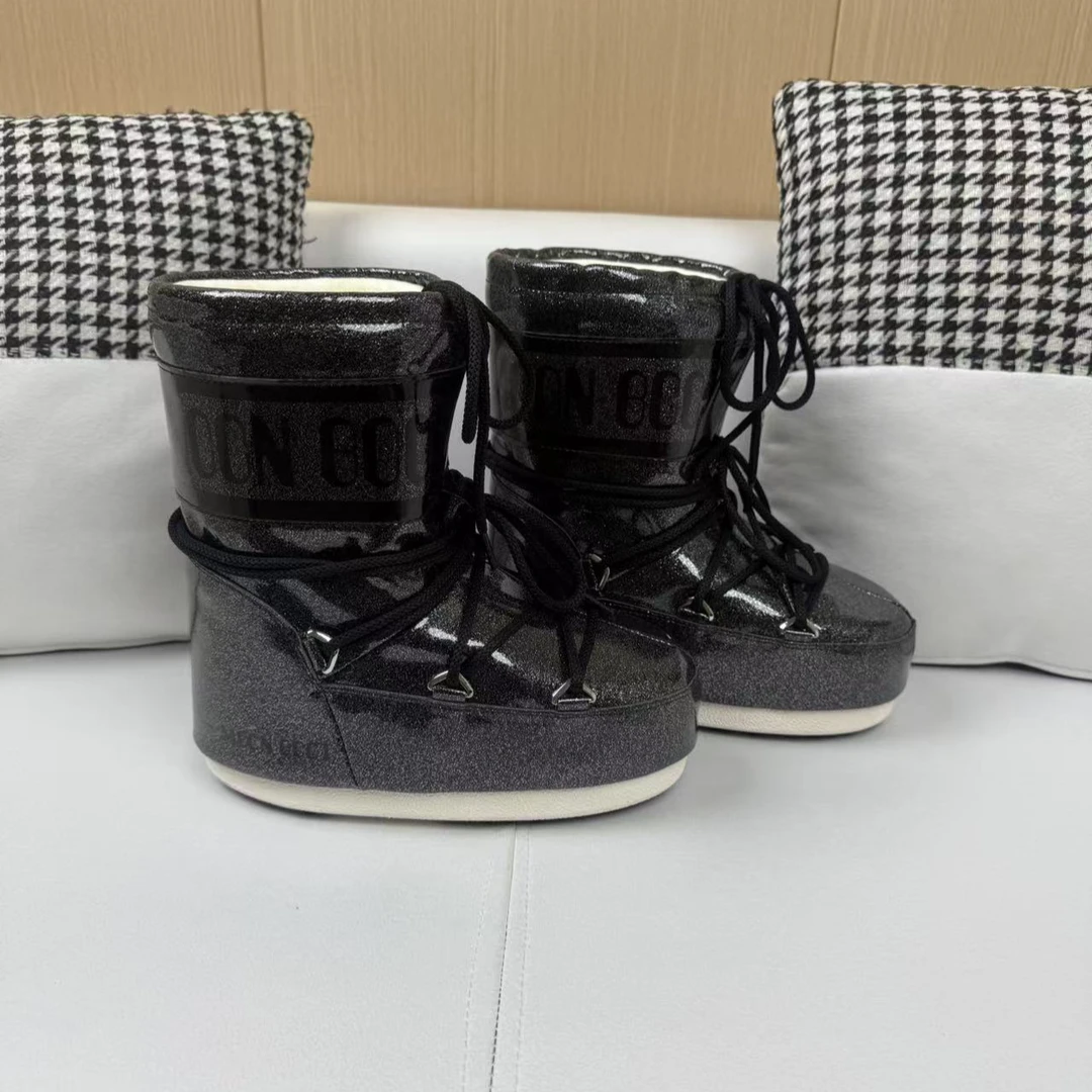 2025新款月亮靴增高 6公分加绒加厚套筒棉靴防水防滑绑带面包短靴