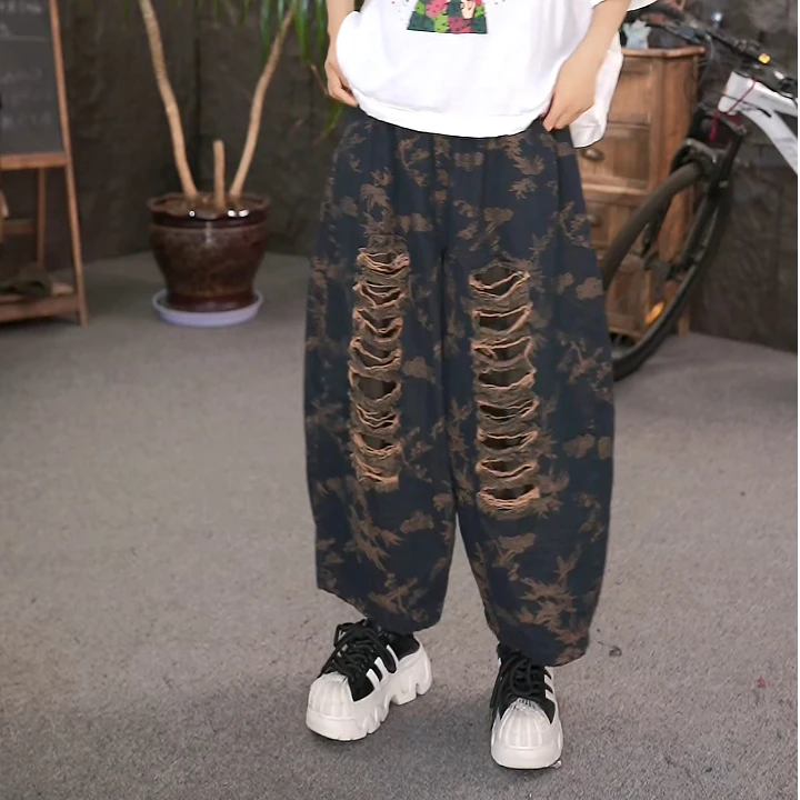 提花牛仔裤复古百搭休闲长裤宽松显瘦女装裤子LL-2620018