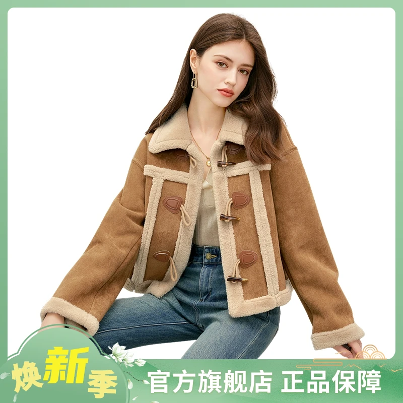 她池2024冬装新款女装机车风长袖上衣翻领拼接短款外套T44Z8243AB