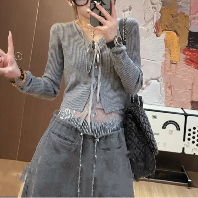 新款假两件蕾丝拼接针织开衫修身显瘦上衣