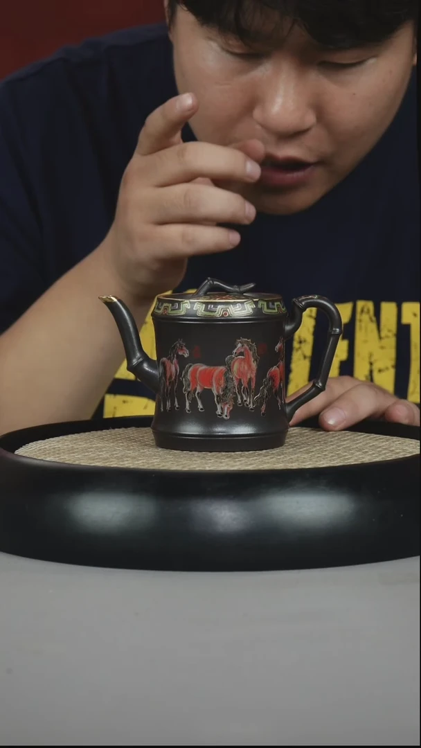 茶壶紫砂石黄 高竹节 八骏 珐琅彩