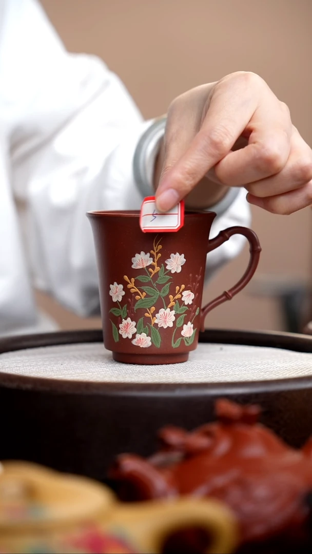 茶壶紫砂降坡泥竹节手把杯泥绘花