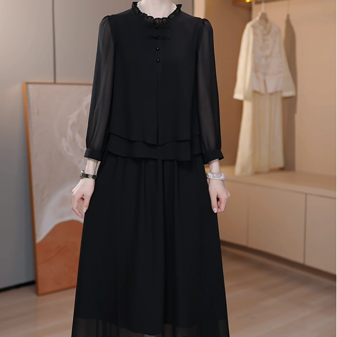 V2111#{假两件}黑色气质连衣裙2025春季新款端庄大气中长款裙子