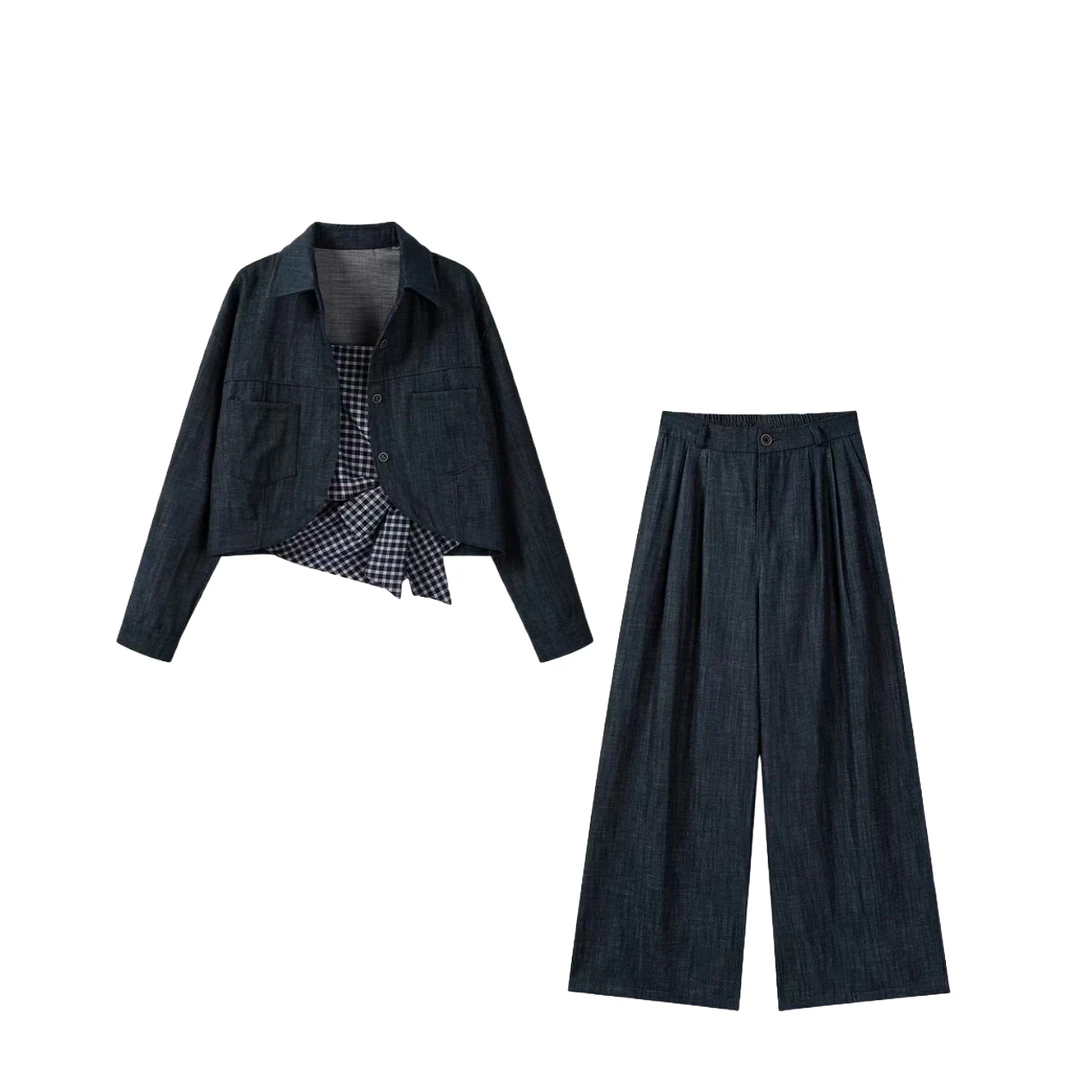 法式设计感翻领外套+格子吊带+阔腿裤