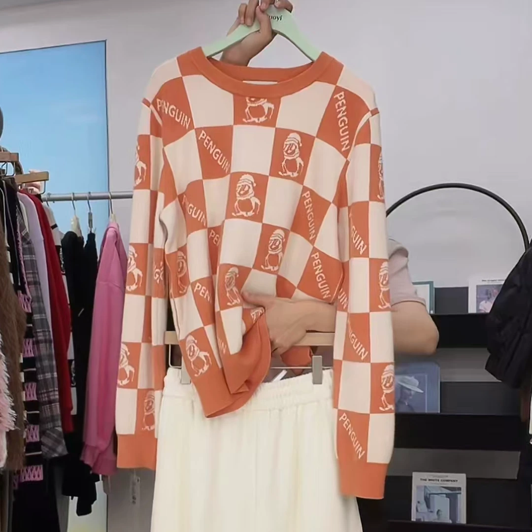 朵以套头圆领冬新款棋盘格撞色毛织针织衫高级外穿上衣38DD530132