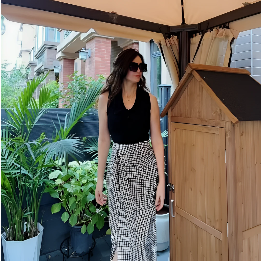 清库大女主藏肚显瘦亚麻棉格纹半裙3131