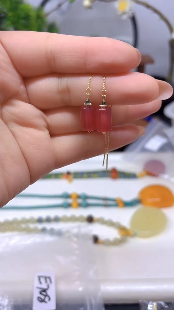 银S925镀金镶嵌耳饰西瓜碧玺E708