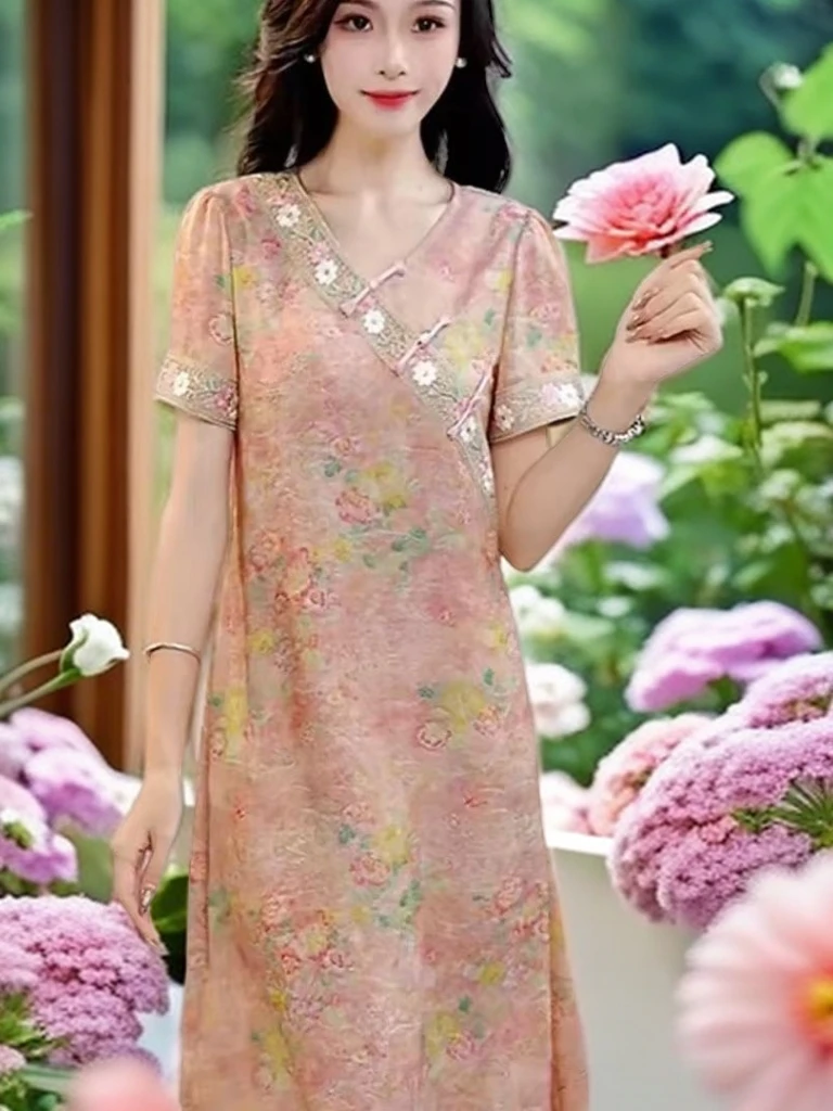 新款时尚高端满分香云纱斜领巾飞袖百搭连衣裙15320