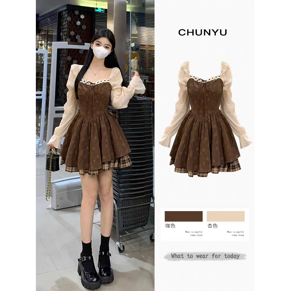 大码女装秋季新款连衣裙韩系穿搭方领高腰显瘦公主裙12756