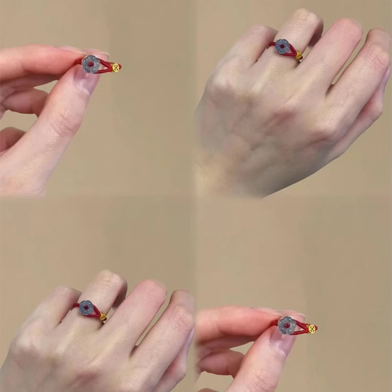 铜合金锦纶戒指 新中式红绳编织金币小花戒指女生国风本命年小众