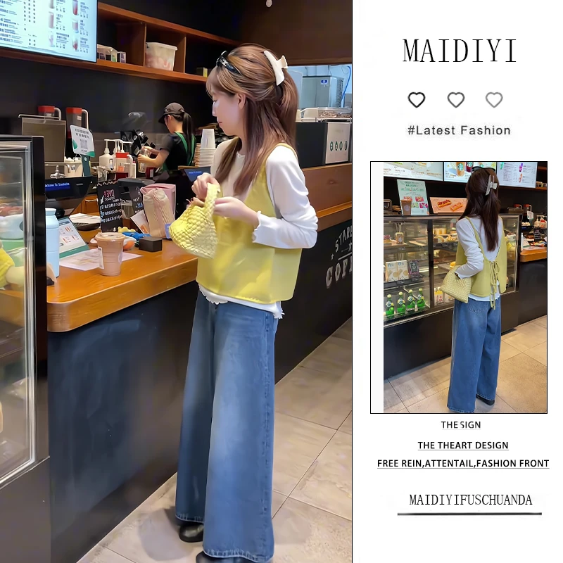 初秋时尚穿搭一整套女2025新款甜美减龄吊带上衣流行牛仔裤三件套