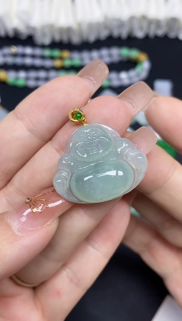 吊坠(不含链)18K金镶嵌翡翠佛公18K金扣镶嵌@@CMT1384-2