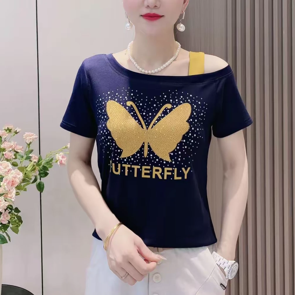 夏季新款时尚洋气圆领短袖T恤烫钻蝴蝶减龄休闲百搭气质露肩上衣