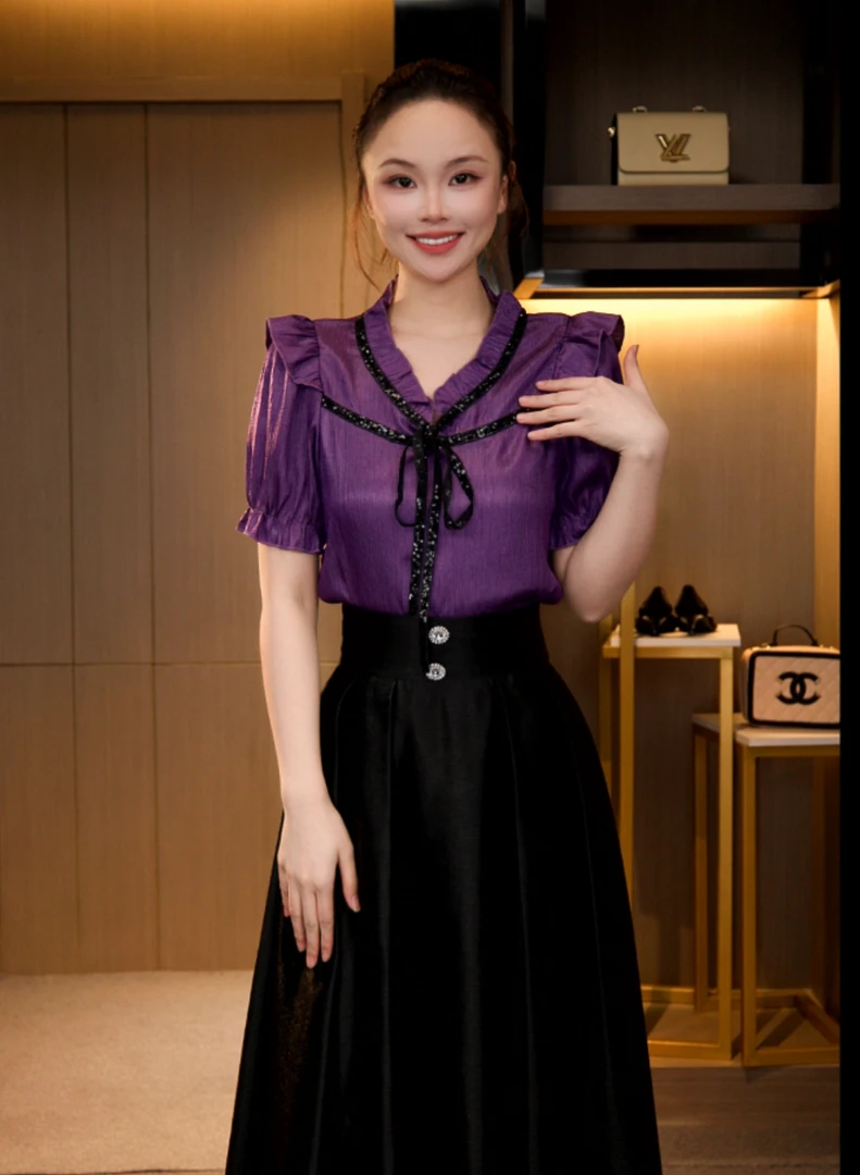 L4X2138 法式复古显瘦气质琉璃双绉丝T恤上衣