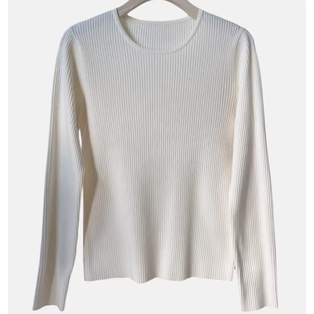 圆领米白色针织衫女2024秋冬新款内搭长袖毛衫螺纹布打底衫软糯风