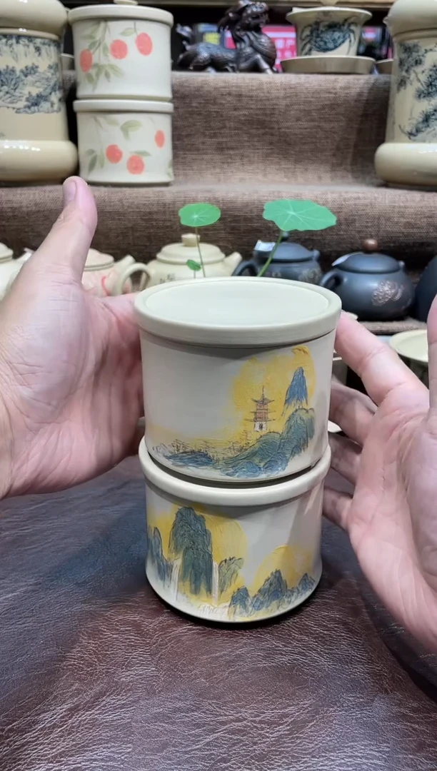 泥塑王宇白泥双层小茶罐山水装饰