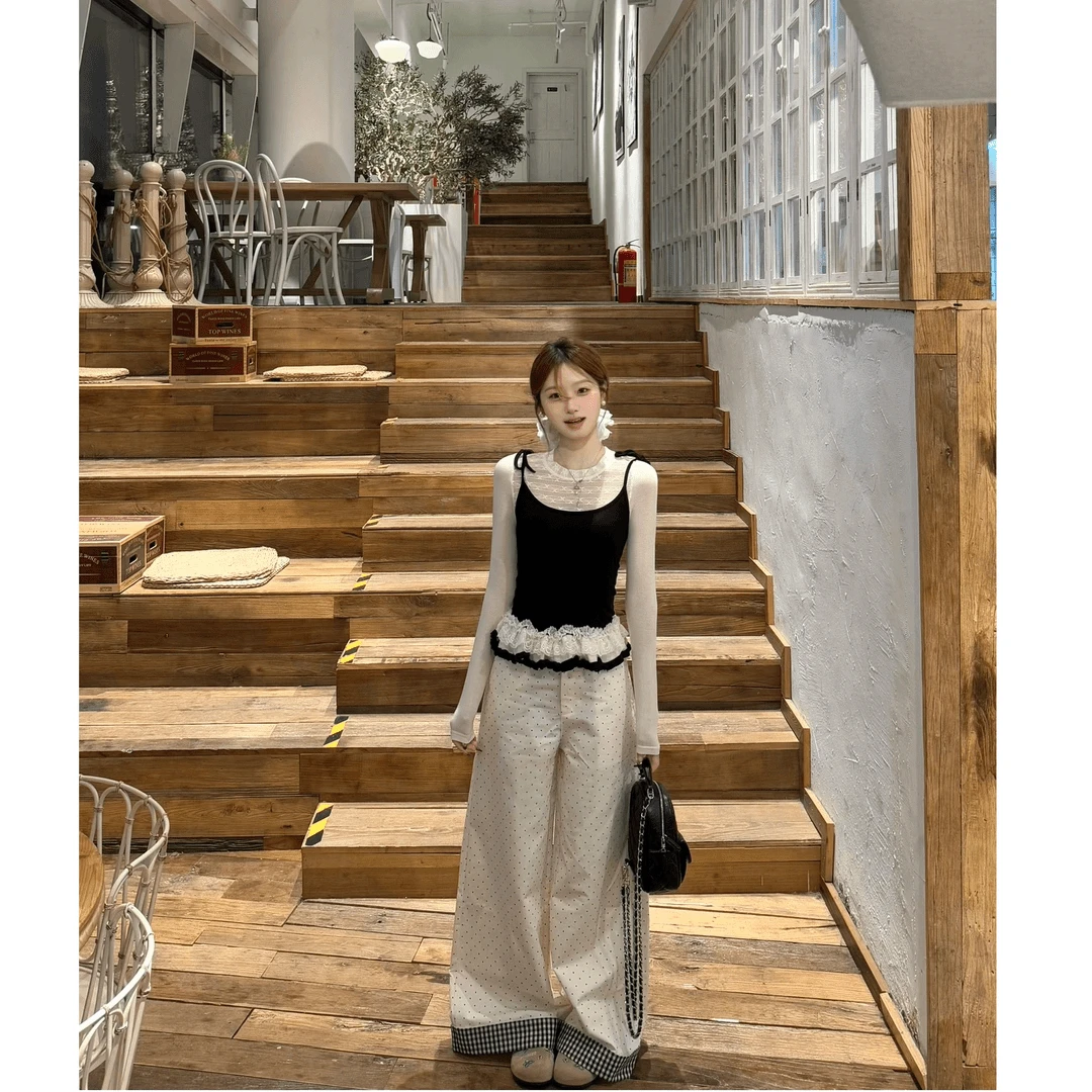 韩系少女感蕾丝荷叶边显瘦假两件t恤上衣裤子套装22597#