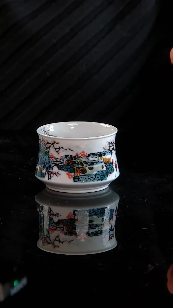 李华手绘釉中五彩江南水乡马蹄杯