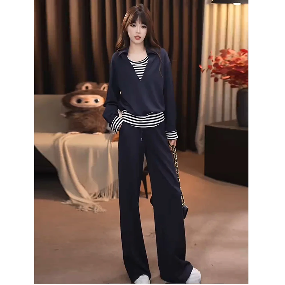 休闲运动套装女2025秋季新款洋气条纹拼接假两件上衣阔腿裤两件套