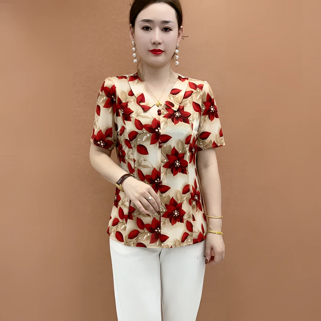 夏季新款时尚洋气百搭显瘦妈妈装中老年印花短袖T恤女休闲上衣