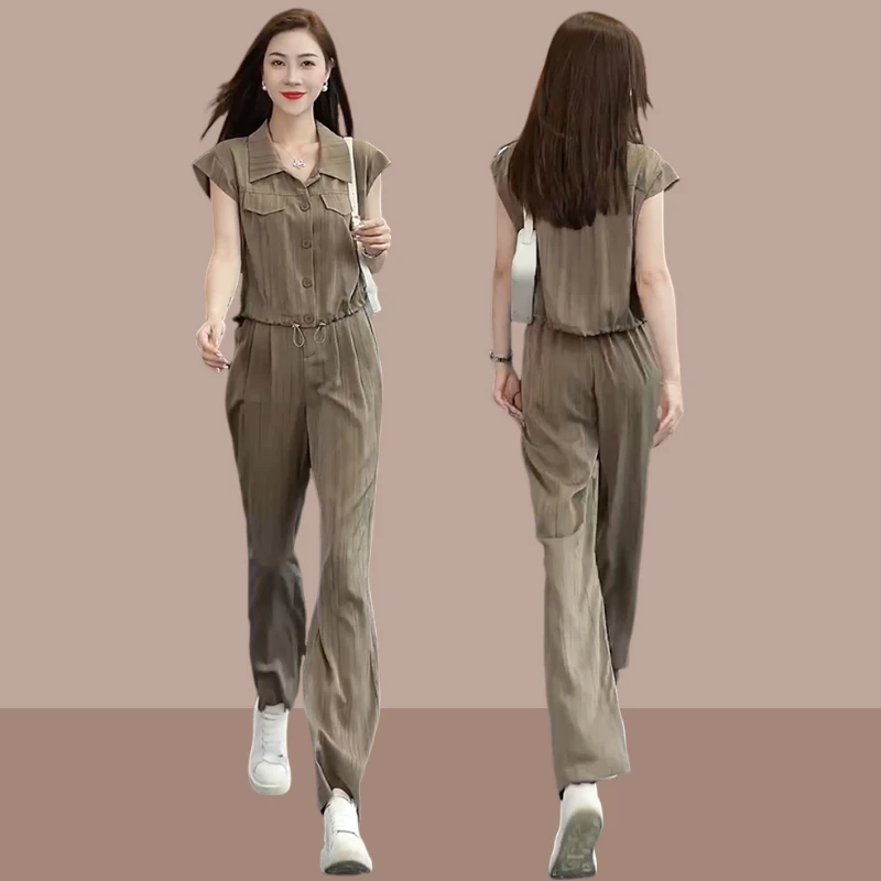 小个子冰丝套装女2025夏季新款时尚洋气衬衫阔腿裤显瘦两件套潮