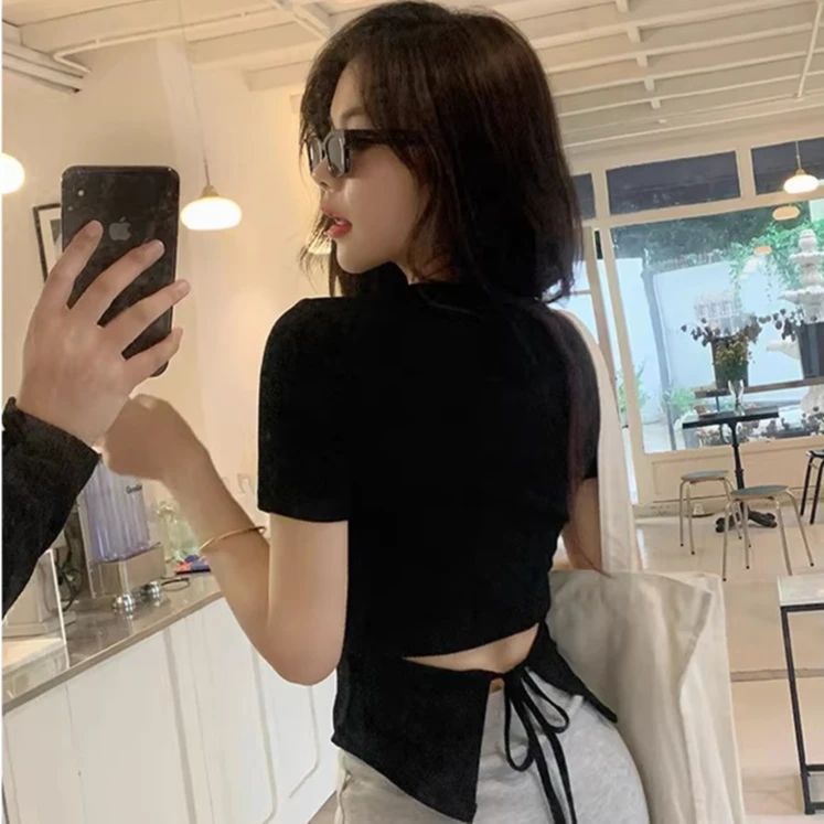网红甜辣妹系带露腰不规则设计感短袖修身短款纯欲风T恤夏季上衣